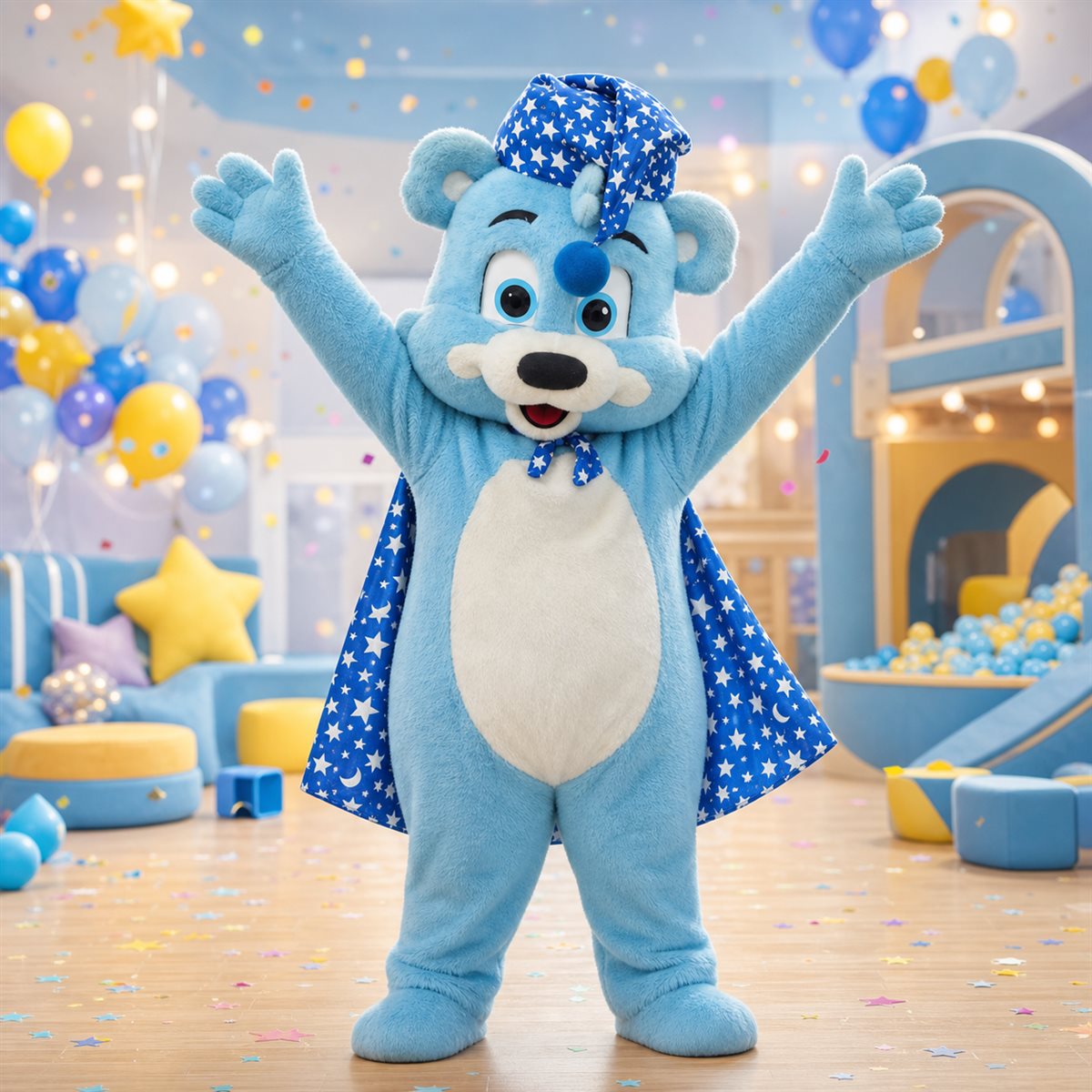 Mascote BigBlue de braços abertos comemorando na área lúdica do Encanto e Magia